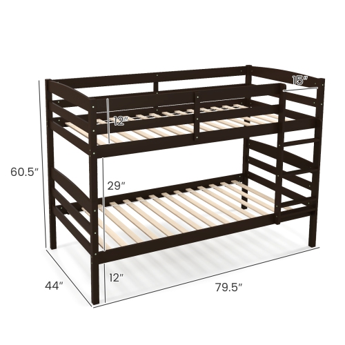 Durable Wooden Bunk Bed Frame with Guardrails and Attached Ladder