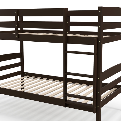 Durable Wooden Bunk Bed Frame with Guardrails and Attached Ladder