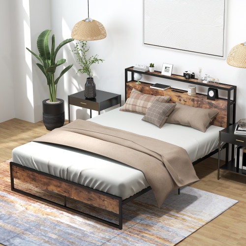 Modern Bed Frame with Storage Headboard and Convenient Charging Ports