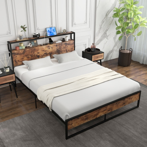 Modern Bed Frame with Storage Headboard and Convenient Charging Ports