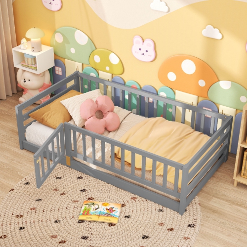 Wooden Floor Bed with Playhouse Door and Safety Fence for Children