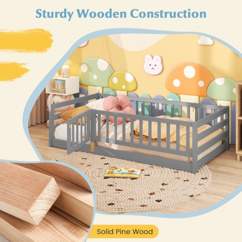 Wooden Floor Bed with Playhouse Door and Safety Fence for Children