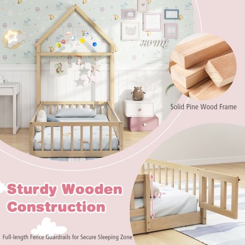 Wooden House Floor Bed with Unique House-Shaped Headboard