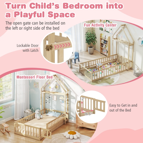 Wooden House Floor Bed with Unique House-Shaped Headboard