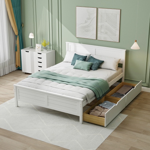 Bed Frame with Solid Wood Headboard and Under bed Storage Drawers