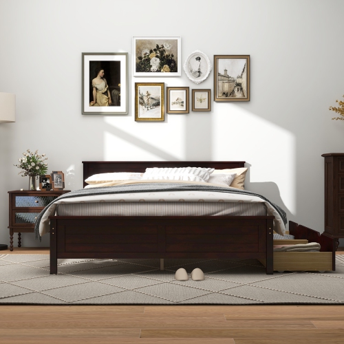 Bed Frame with Solid Wood Headboard and Under bed Storage Drawers