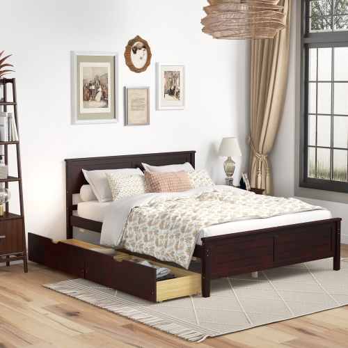 Bed Frame with Solid Wood Headboard and Under bed Storage Drawers