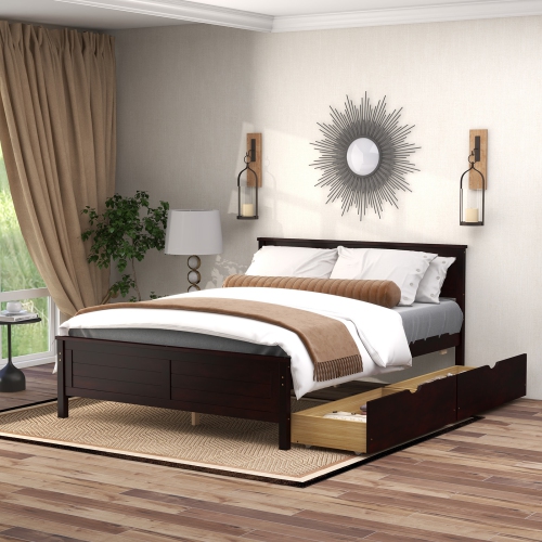 Bed Frame with Solid Wood Headboard and Under bed Storage Drawers
