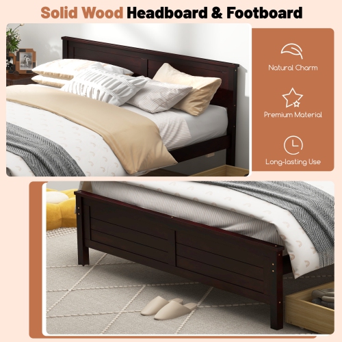 Bed Frame with Solid Wood Headboard and Under bed Storage Drawers