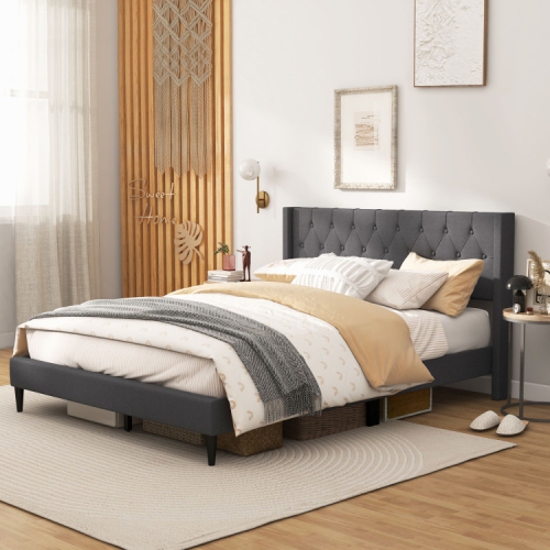 Platform Bed with Upholstered Frame and Button Tufted Wing back Headboard