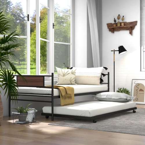 Space Saving Metal Daybed with Trundle and Wooden Grain Headboard Design