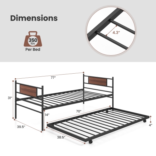 Space Saving Metal Daybed with Trundle and Wooden Grain Headboard Design