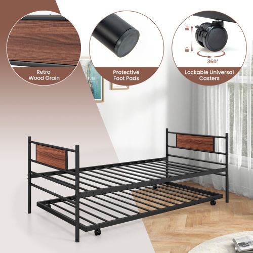 Space Saving Metal Daybed with Trundle and Wooden Grain Headboard Design