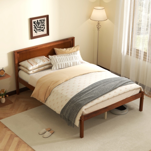 Sturdy Bed Frame with Wood Headboard and Slatted Foundation