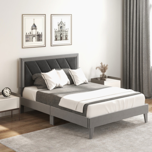 Platform Bed Frame with Tall Headboard and Durable Wooden Slats