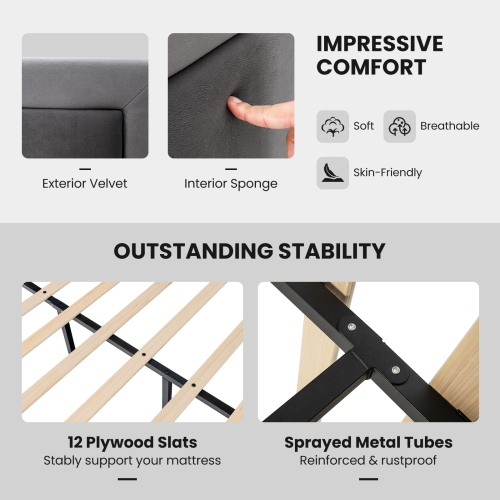 Platform Bed Frame with Tall Headboard and Durable Wooden Slats