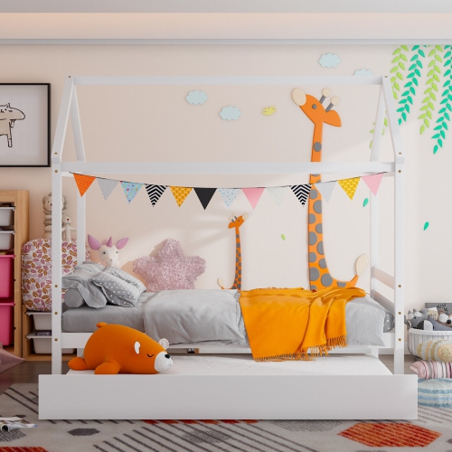 Kids Platform Bed Frame with Roof Design for Bedroom or Playroom