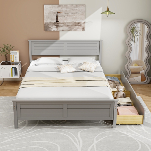 Bed Frame with Solid Wood Headboard and Under bed Storage Drawers