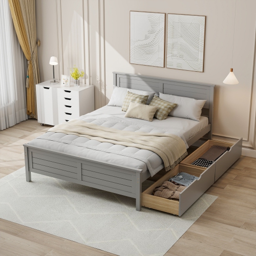 Bed Frame with Solid Wood Headboard and Under bed Storage Drawers