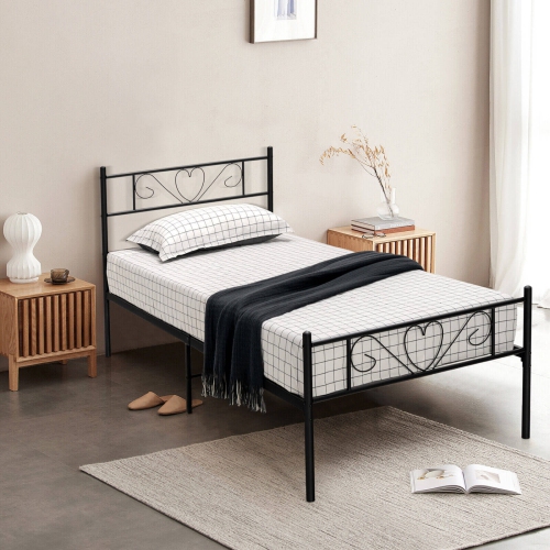 Metal Bed Frame with Heart-Shaped Headboard for Kids or Teens Bedroom