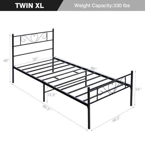 Metal Bed Frame with Heart-Shaped Headboard for Kids or Teens Bedroom