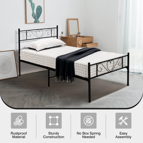 Metal Bed Frame with Heart-Shaped Headboard for Kids or Teens Bedroom