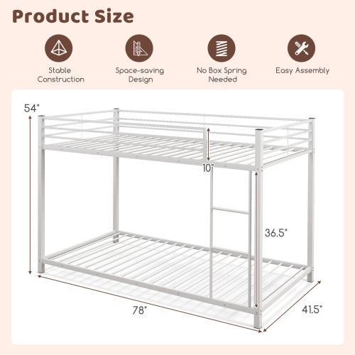 Low Profile Twin Bunk Bed with Metal Frame and Protective Guardrails