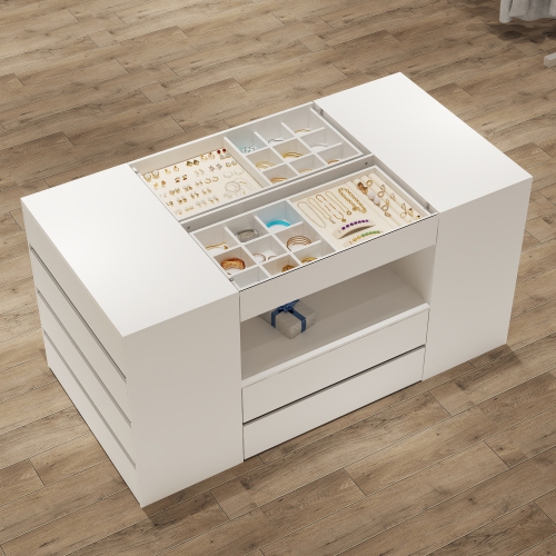 Famapy 14-Drawer Jewelry Armoire with Tempered Glass Top & Spacious Shelf – Stylish Storage Solution for Bedroom or Living Room,,White