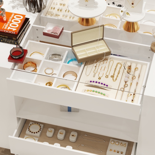 Famapy 14-Drawer Jewelry Armoire with Tempered Glass Top & Spacious Shelf – Stylish Storage Solution for Bedroom or Living Room,,White