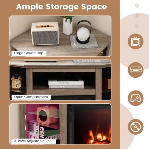 Meuble en coin avec foyer pour téléviseur de 50 po avec éclairage LED et commande intelligente PAR APPLICATION - Gris