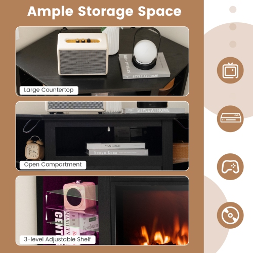 Meuble en coin avec foyer pour téléviseur avec lumières LED et commande intelligente PAR APPLICATION pour téléviseur de 50 po - Noir