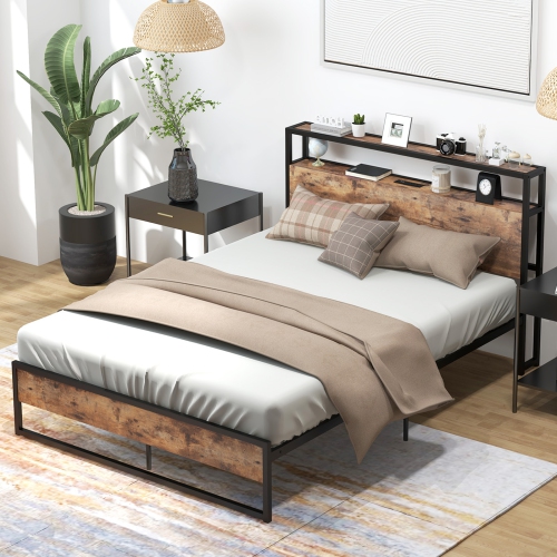 Modern Bed Frame with Storage Headboard and Convenient Charging Ports