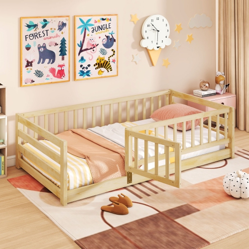 Wooden Floor Bed with Playhouse Door and Safety Fence for Children