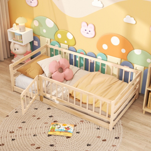 Wooden Floor Bed with Playhouse Door and Safety Fence for Children