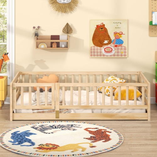 Wooden Floor Bed with Playhouse Door and Safety Fence for Children