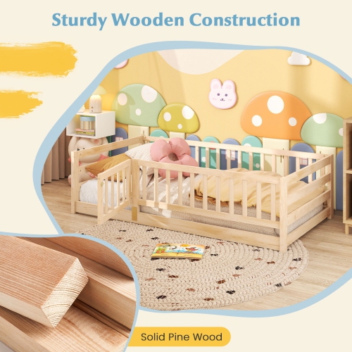 Wooden Floor Bed with Playhouse Door and Safety Fence for Children
