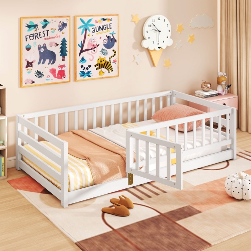 Wooden Floor Bed with Playhouse Door and Safety Fence for Children