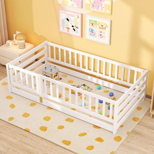 Wooden Floor Bed with Playhouse Door and Safety Fence for Children