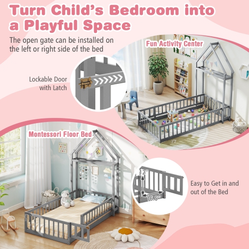 Wooden House Floor Bed with Unique House-Shaped Headboard