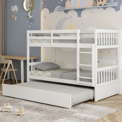 Wooden Bunk Bed Frame with Ladder and Trundle Bed Storage