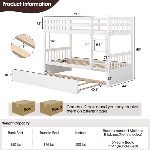 Wooden Bunk Bed Frame with Ladder and Trundle Bed Storage