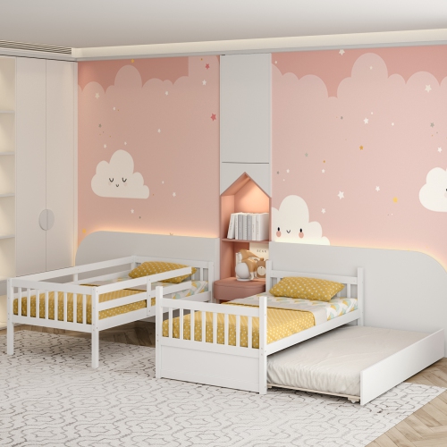 Wooden Bunk Bed Frame with Ladder and Trundle Bed Storage