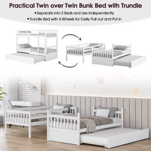 Wooden Bunk Bed Frame with Ladder and Trundle Bed Storage