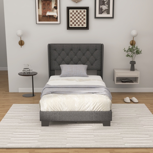 Sturdy Platform Bed with Upholstered Frame and Button Tufted Headboard