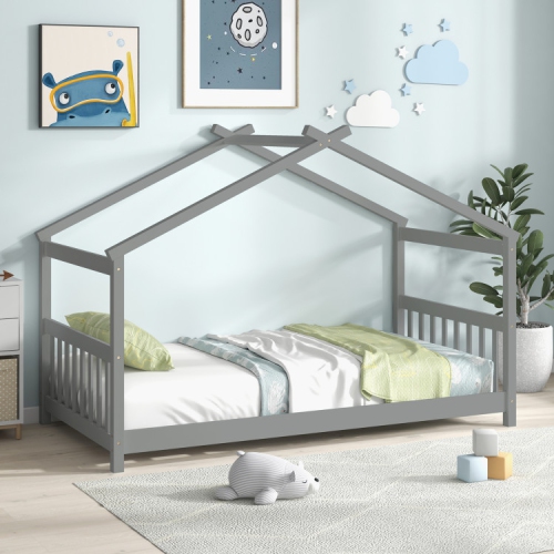 Wooden House Bed Frame with Roof Design for Kids Bedroom