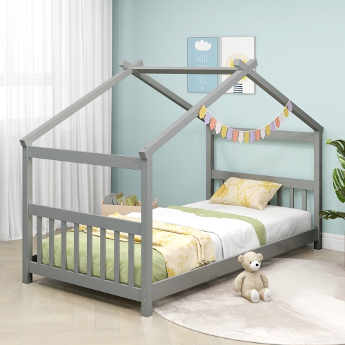 Wooden House Bed Frame with Roof Design for Kids Bedroom