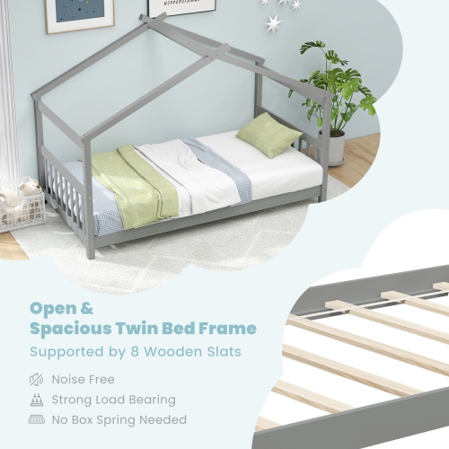 Wooden House Bed Frame with Roof Design for Kids Bedroom