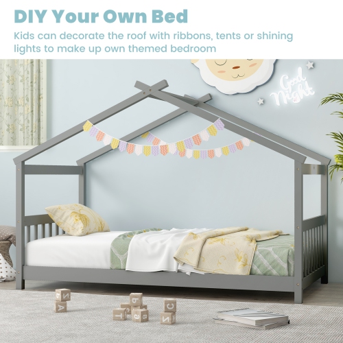 Wooden House Bed Frame with Roof Design for Kids Bedroom