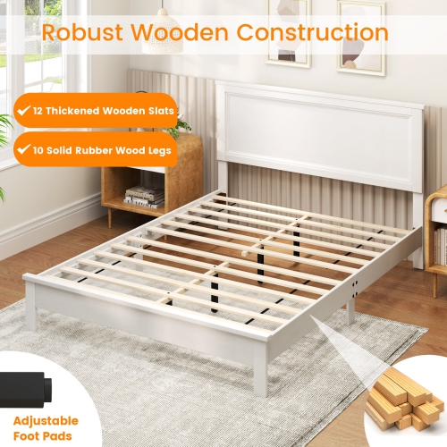 Platform Bed Frame with Slats, High Headboard, and Rubber wood Legs