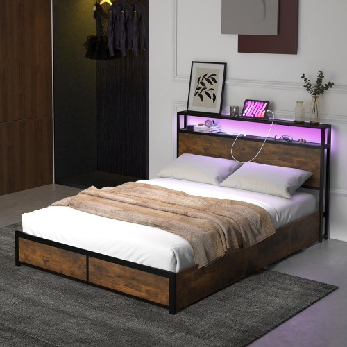 Modern Bed Frame with Smart LED Lights and Storage Drawers for Bedroom